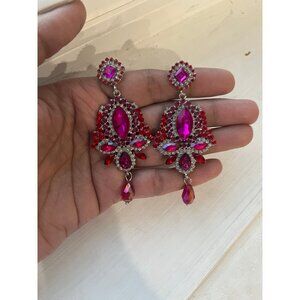Long pink earrings big rhinestone long Ab crystal wedding red fuchsia  earrings